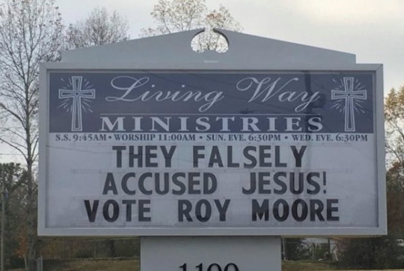 Roy-Moore-church-sign Roy Moore’s talking points to discredit his accusers are awful