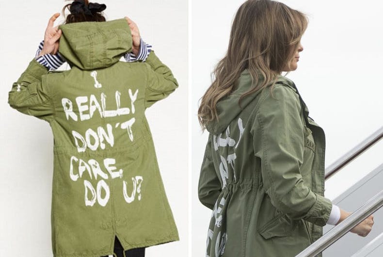 melania-trump-dont-care-jacket Side by side showing Melania Trump's jacket and the slogan