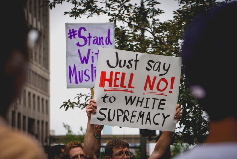 hell-no-white-supremacy JUNE 26, 2018: Protestors hold signs that say