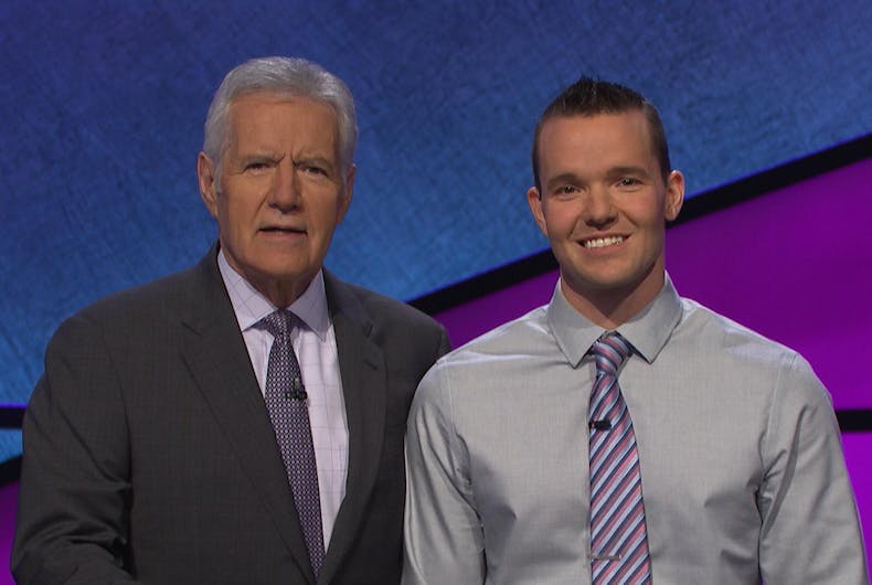 Trebek-Presloid Jeopardy host Alex Trebek and contestant John Presloid