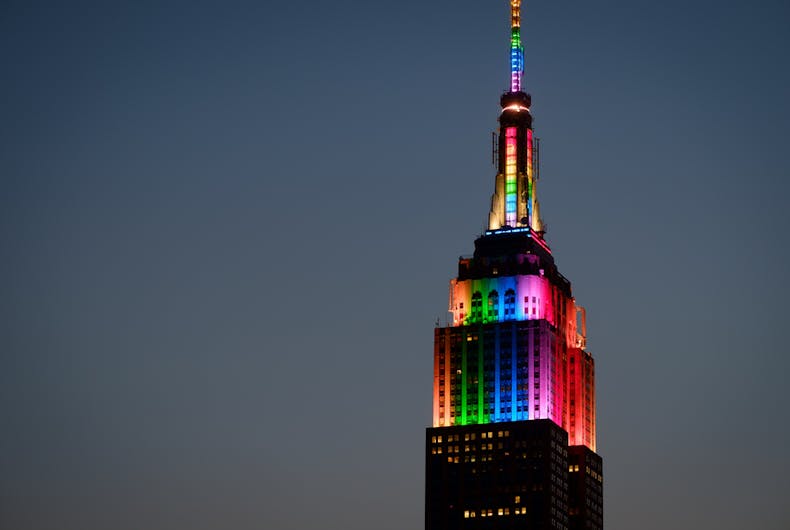 Top of Empire State Building at twilight in rainbow colors in honor of the Orlando shooting victims - June 26, 2016