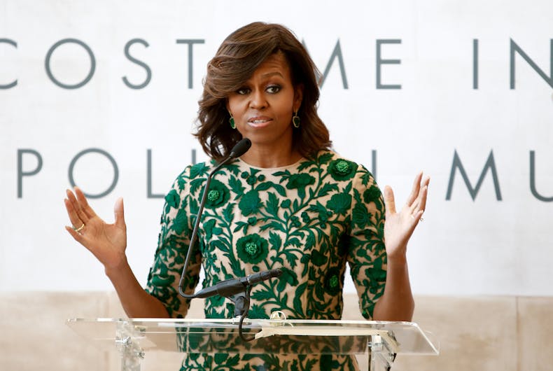 Michelle-Obama-this-big First Lady of the United States Michelle Obama at ribbon cutting ceremony for Anna Wintour Costume Center Grand Opening at Metropolitan Museum of Art on May 5, 2014 in New York City.
