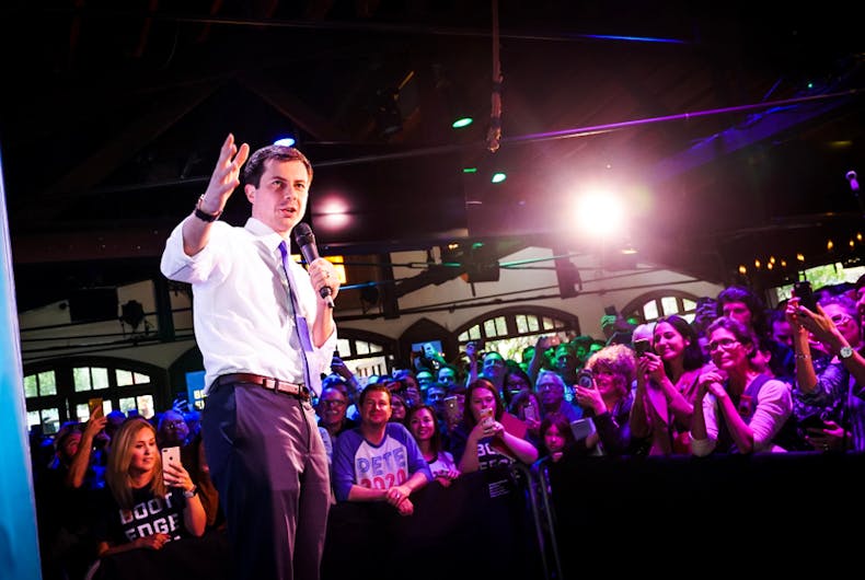 Out presidential candidate Pete Buttigieg talking to a crowd at The Abbey gay bar in Los Angeles.