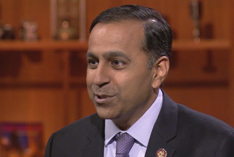 U.S. Representative Raja Krishnamoorthi speaks on camera. He's wearing a suit and tie.