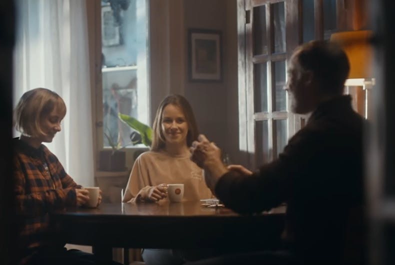 belgian-coffee-ad Daugher, girlfriend, and Dad have coffee