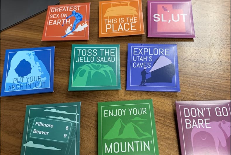 utah-condoms-pulled Nine of the condom packages with Utah jokes.